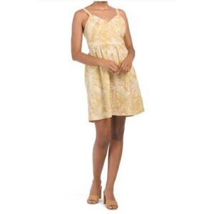 Tahari Dress Womens 2 Garden Floral Fit Flare Smocked Mustard Yellow Linen Boho